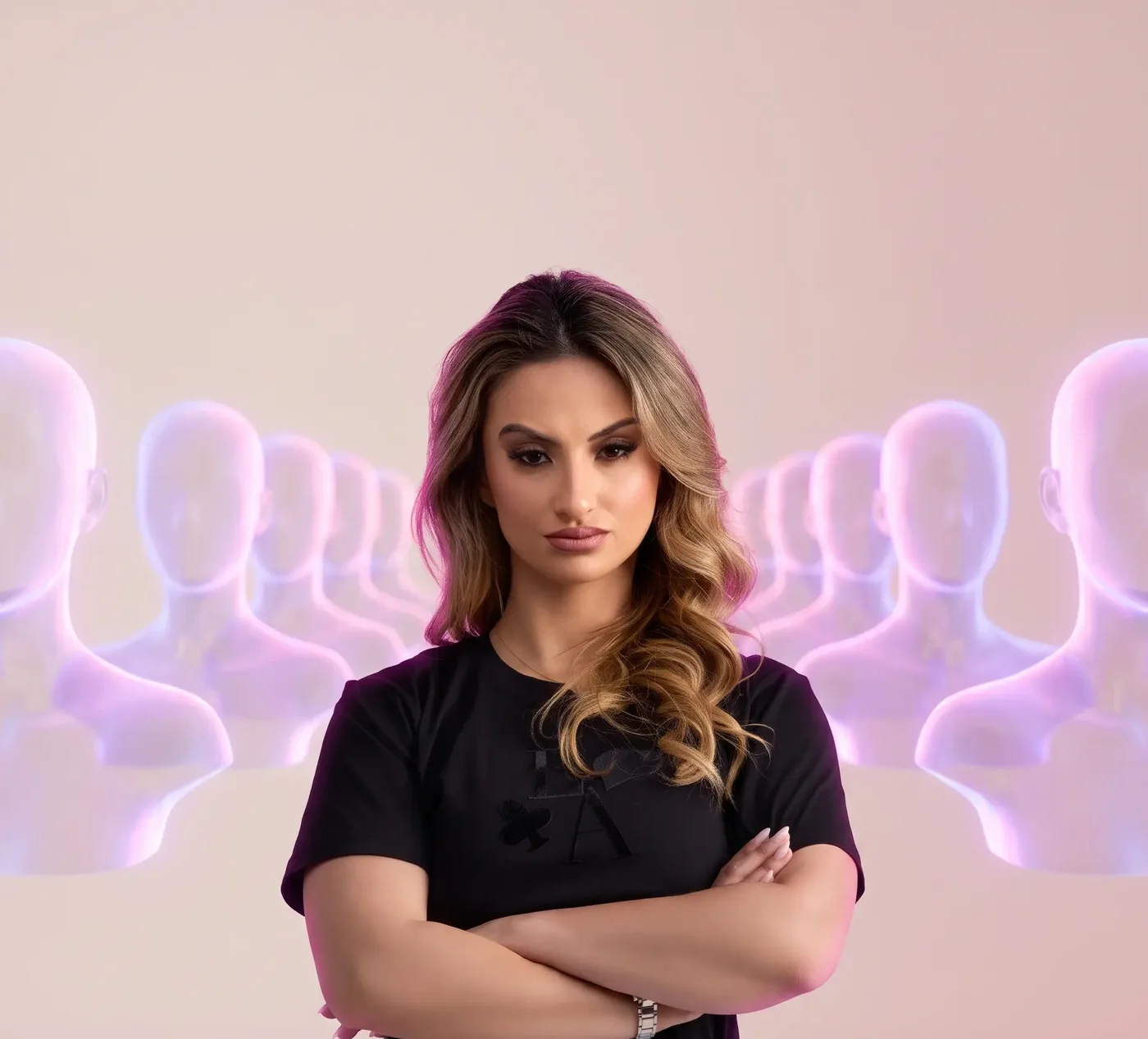 Jana with her arms crossed, in front of rows of glowing AI copies