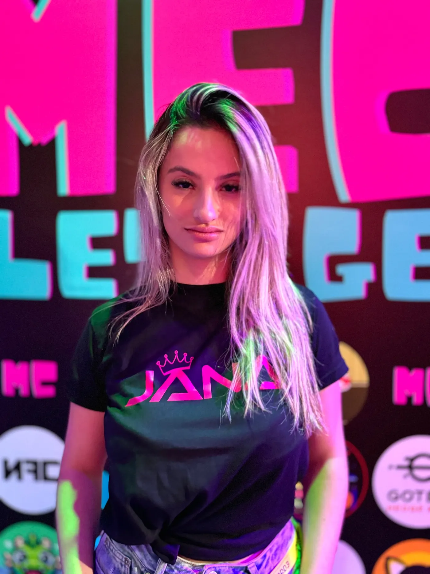 Jana in her magenta JANA logo t-shirt